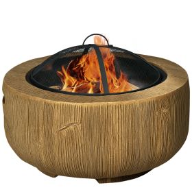 Outdoor Fire Pit, 24 Inch Metal Wood Burning Fireplace with Spark Cover, Poker, Woodgrain Design for Patio, Picnic, Backyard, Light Brown
