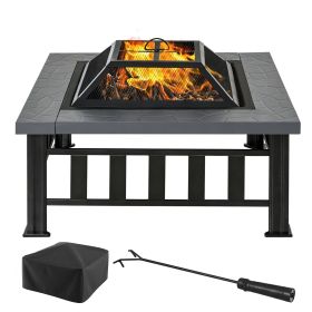 34" Outdoor Fire Pit Square Steel Wood Burning Firepit Bowl with Spark Screen, Waterproof Cover, Log Grate, Poker for Backyard, Camping, BBQ, Bon